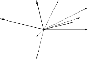 \setlength{\unitlength}{1mm}
\begin{picture}(60,40)
\put(30,20){\vector(1,0){30}}
\put(30,20){\vector(4,1){20}}
\put(30,20){\vector(3,1){25}}
\put(30,20){\vector(2,1){30}}
\put(30,20){\vector(1,2){10}}
\thicklines
\put(30,20){\vector(-4,1){30}}
\put(30,20){\vector(-1,4){5}}
\thinlines
\put(30,20){\vector(-1,-1){5}}
\put(30,20){\vector(-1,-4){5}}
\end{picture}