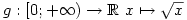 g:  [0 ; +\infty) \rightarrow \mathbb{R} \
x \mapsto \sqrt{x}

