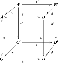 \bfig
\cube|arlb|/ >->` >->`>`>/<1000,1000>[A`B`C`D;f`g`h`k]%
(400,400)|arlb|/>`>`>`>/<900,900>[A^{\prime}`B^{\prime}`C^{\prime}`D^{\prime};f^{\prime}`g^{\prime}`h^{\prime}`k^{\prime}]%
 |rrrr|/<-`<-`<-`<-/[\alpha`\beta`\gamma`\delta]
 \efig