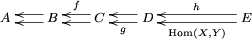 A\twoleft B\twoleft^f C\twoleft_g D\twoleft^h_{{\rm Hom}(X,Y)} E
