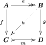 \bfig
\square/>>`>`>` >->/[A`B`C`D;e`f`g`m]
 \morphism(500,500)|m|/.>/<-500,-500>[B`C;h]
 \efig