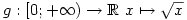 g:  [0 ; +\infty) \rightarrow \mathbb{R} \
x \mapsto \sqrt{x}
