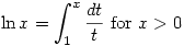 \displaystyle \ln x=\int ^x _1 \dfrac{dt}{t}\text{ for } x>0