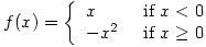 f(x)=\left\{\begin{array}{ll}x & \mbox{ if } x&lt;0\\-x^2 & \mbox{ if } x \geq 0\end{array}\right.