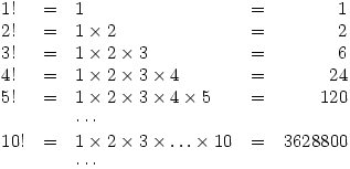 \begin{array}{llllr}
1! &=&1&=&1 \\
2!&=&1\times2&=&2 \\
3!&=&1\times2\times3&=&6 \\
4!&=&1\times2\times3\times4&=&24 \\
5!&=&1\times2\times3\times4\times5&=&120 \\
&&\cdots \\
10!&=&1\times2\times3\times\ldots\times10&=&3628800 \\
&&\cdots
\end{array}
